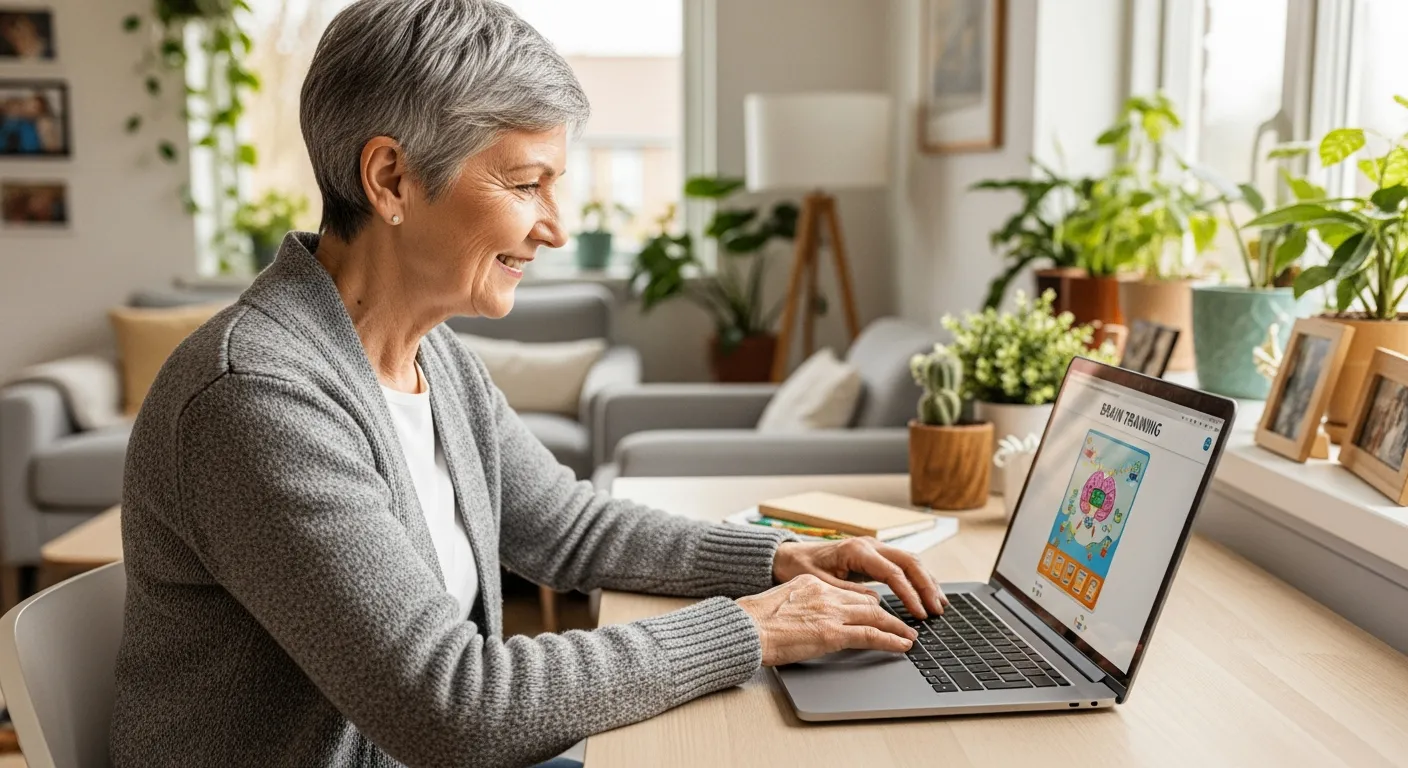Una mujer mayor juega juegos de entrenamiento mental en una computadora portátil.