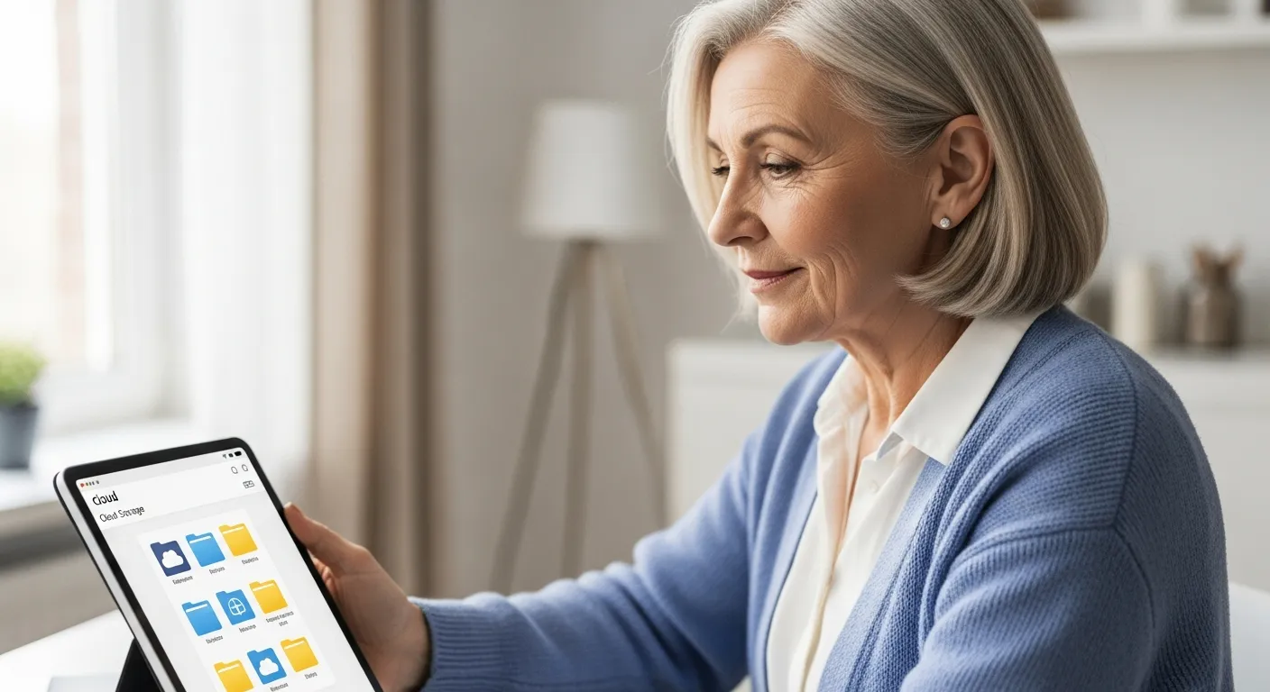 Senior woman using a tablet to access cloud storage.