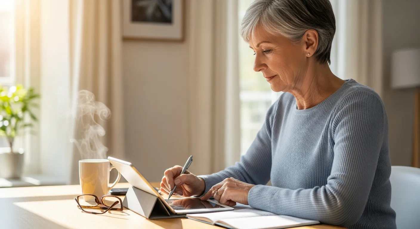 Senior woman using a tablet to take notes at her desk.