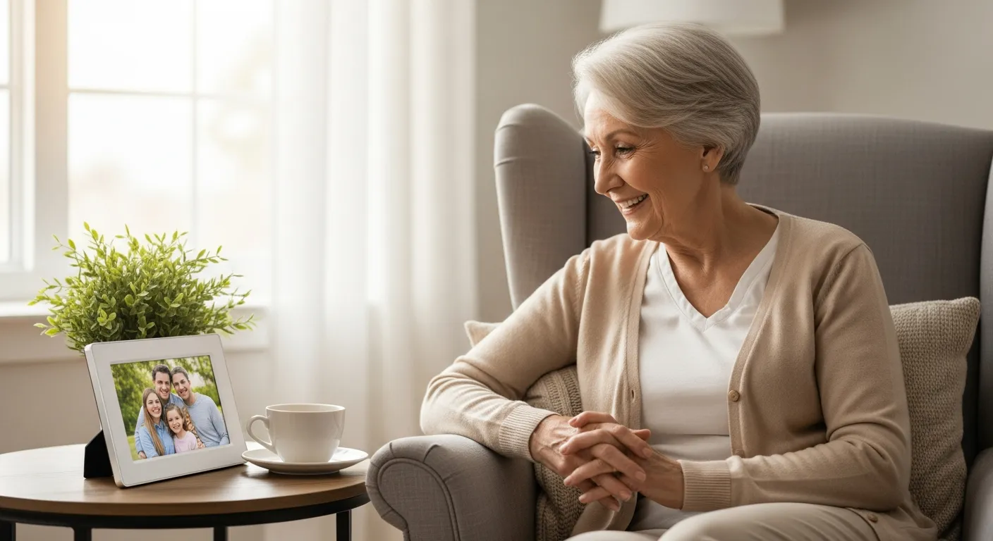 Uma mulher idosa sorrindo olha para um porta-retratos digital com uma foto de família.