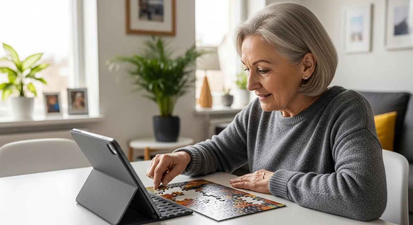 Uma mulher idosa está resolvendo um quebra-cabeça digital em um tablet.