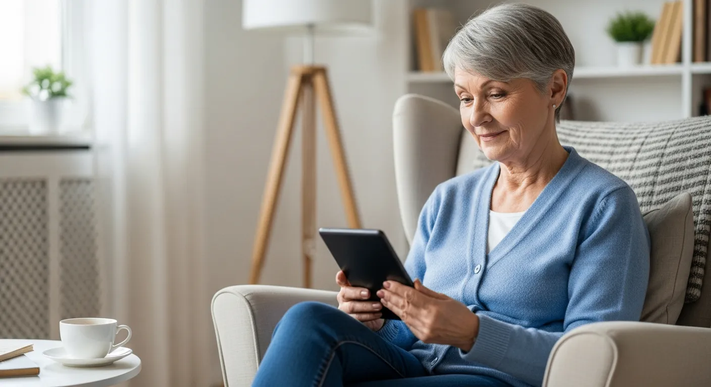 Senior woman reading an e-reader in her living room.