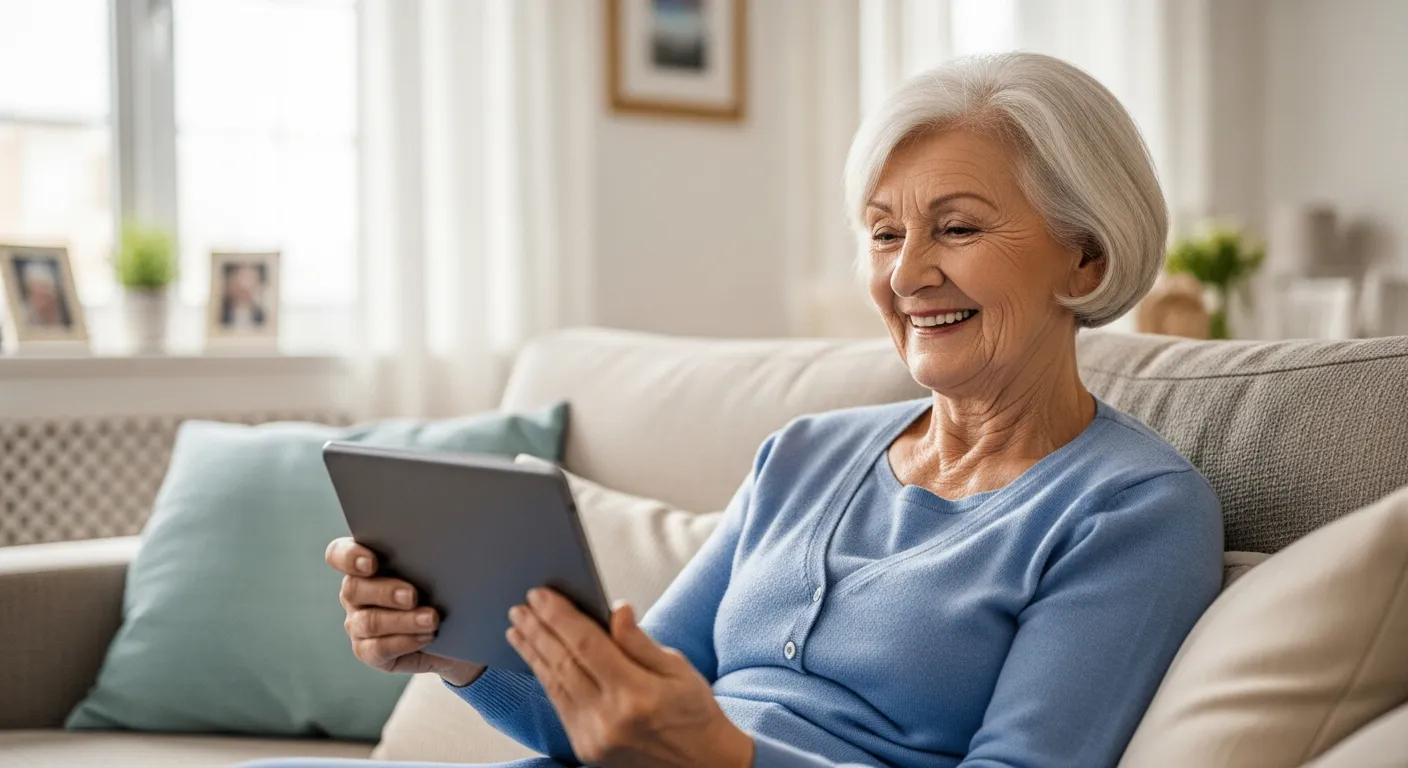 Uma mulher idosa sorrindo enquanto faz uma videochamada em um tablet.