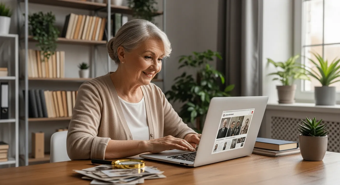 Uma senhora idosa usa um site de genealogia em um laptop.