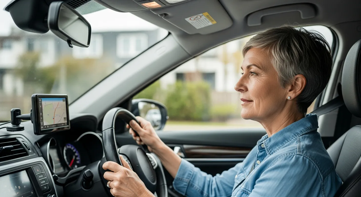Une femme âgée utilise un système de navigation GPS dans sa voiture.