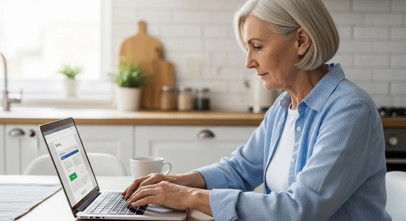 Senior woman uses a laptop for online banking in her kitchen.