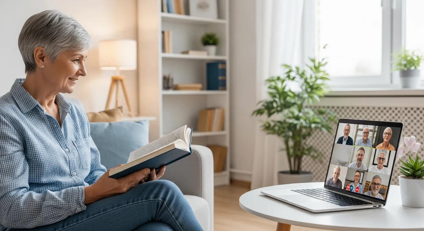 Uma mulher idosa sorri enquanto participa de um clube do livro online em seu laptop.