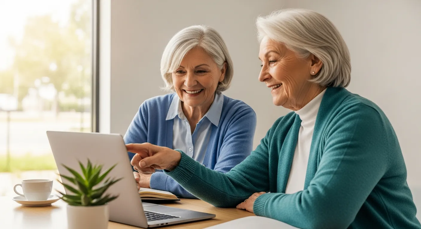 Dos mujeres mayores mirando una computadora portátil en un centro comunitario.