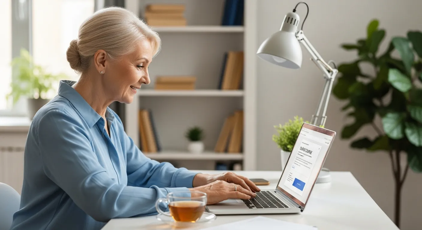 Woman using a laptop to take an online course.