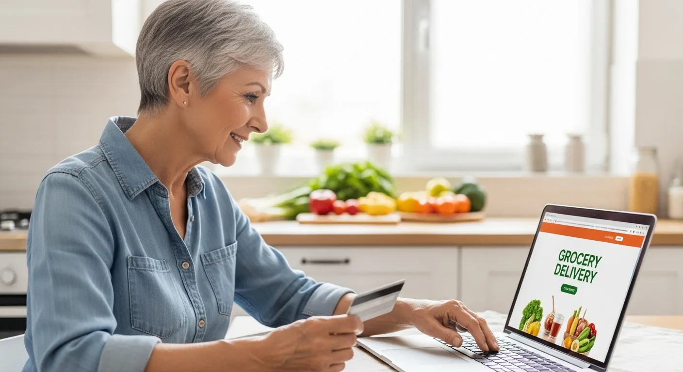 Senior woman orders groceries online at her kitchen table.