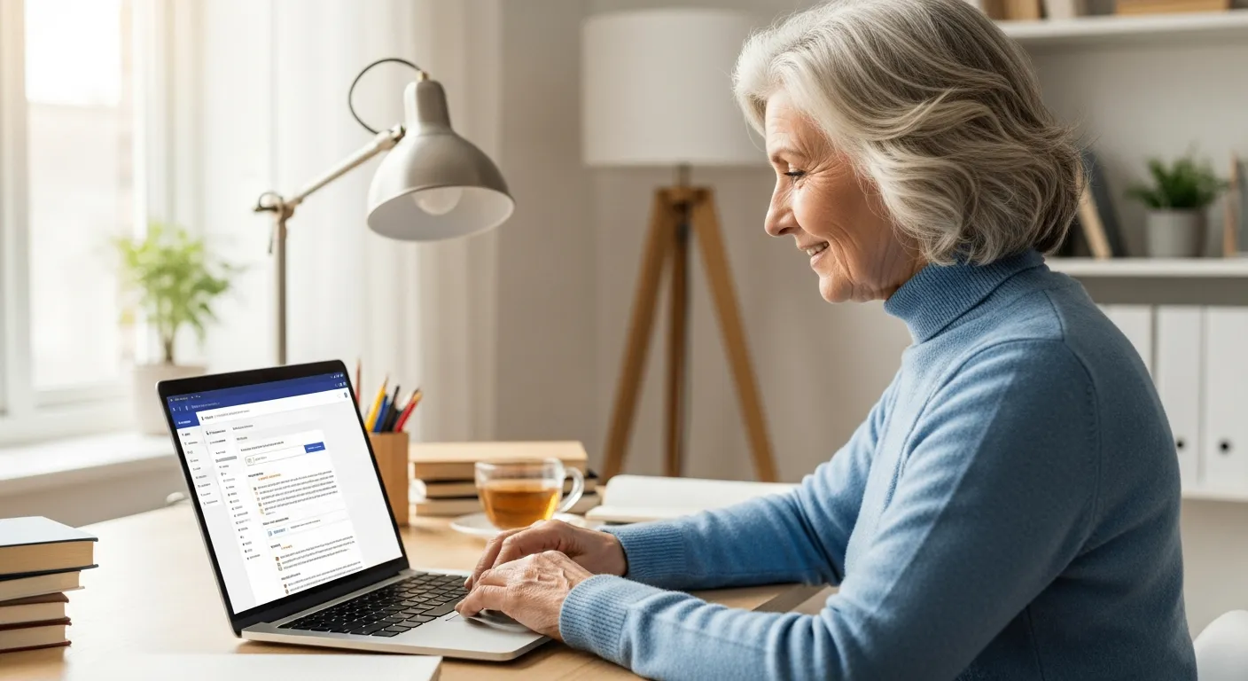 Senior woman learning a new language using an online course on her laptop.