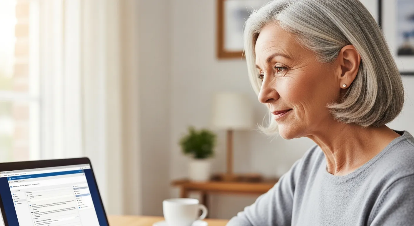 Senior woman using a laptop at home, learning about online safety.
