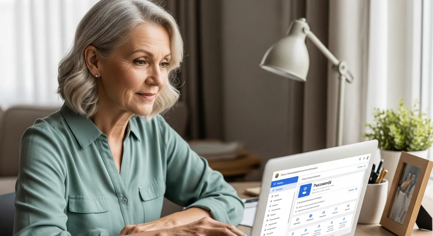 Senior woman using a laptop to manage her passwords at home.
