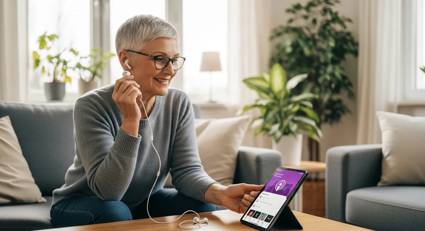 Uma mulher idosa sorri enquanto segura fones de ouvido e olha para um tablet mostrando um aplicativo de podcast.