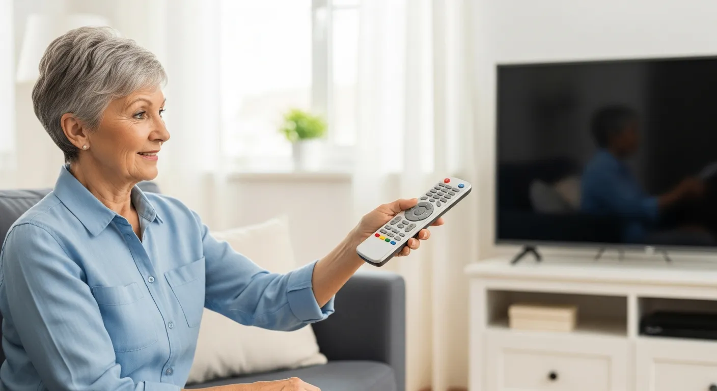 Mujer mayor sentada en un sofá usando un control remoto universal para la televisión.