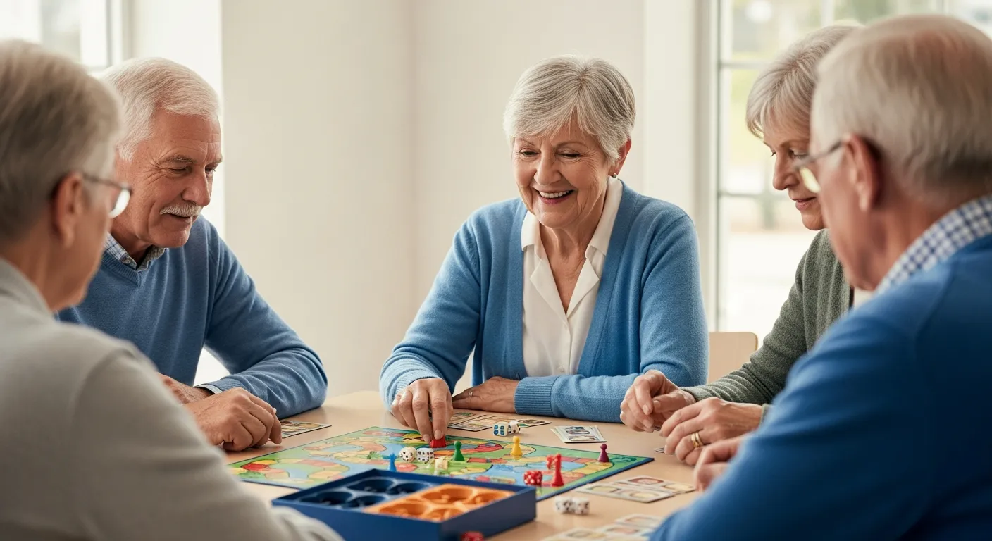Quatro idosos jogando um jogo de tabuleiro em um centro comunitário.