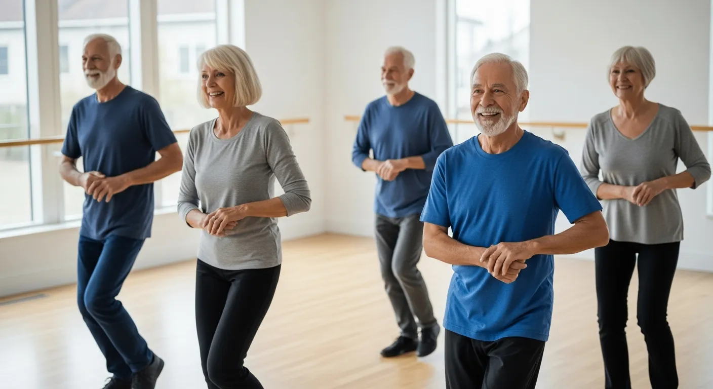 Cuatro adultos mayores, dos mujeres y dos hombres, participan en una clase de baile.