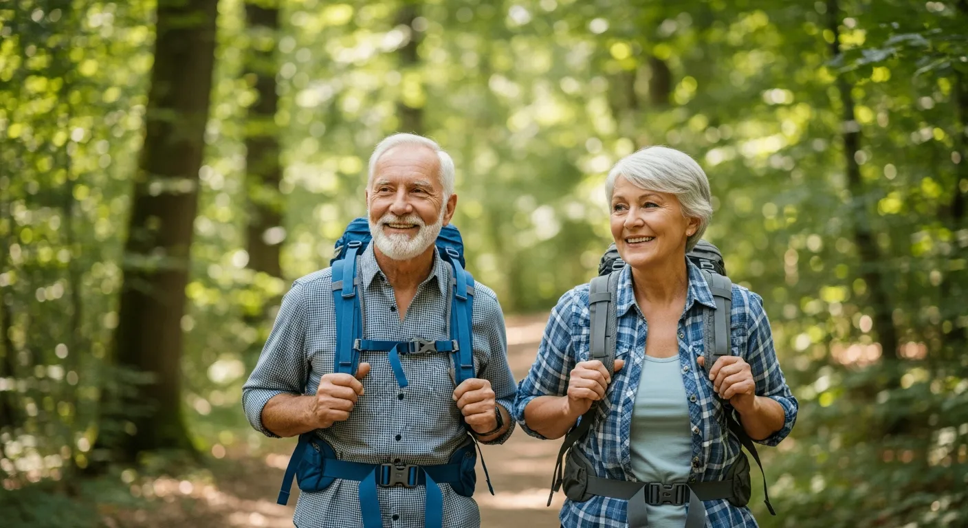 Dos adultos mayores caminan por un sendero en el bosque.