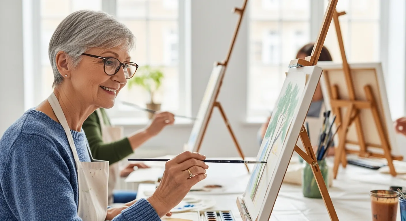 Senior woman painting in art class