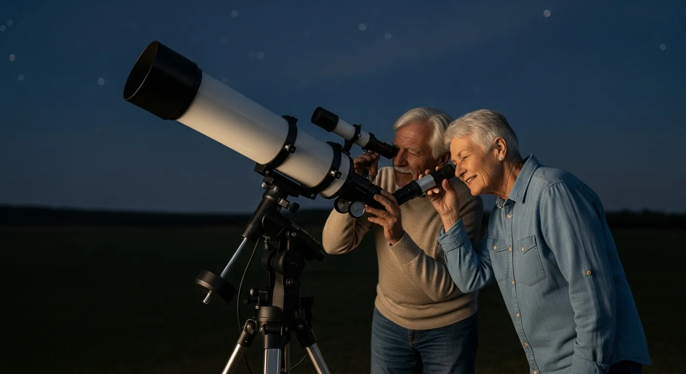 Um homem e uma mulher mais velhos olhando através de um telescópio para o céu noturno.