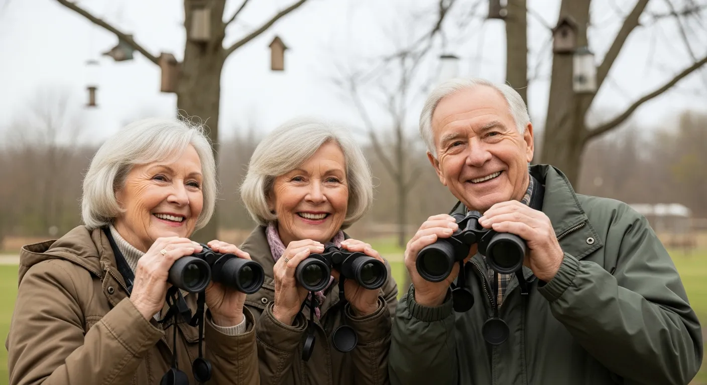 Tres adultos mayores observan aves con binoculares en un parque.