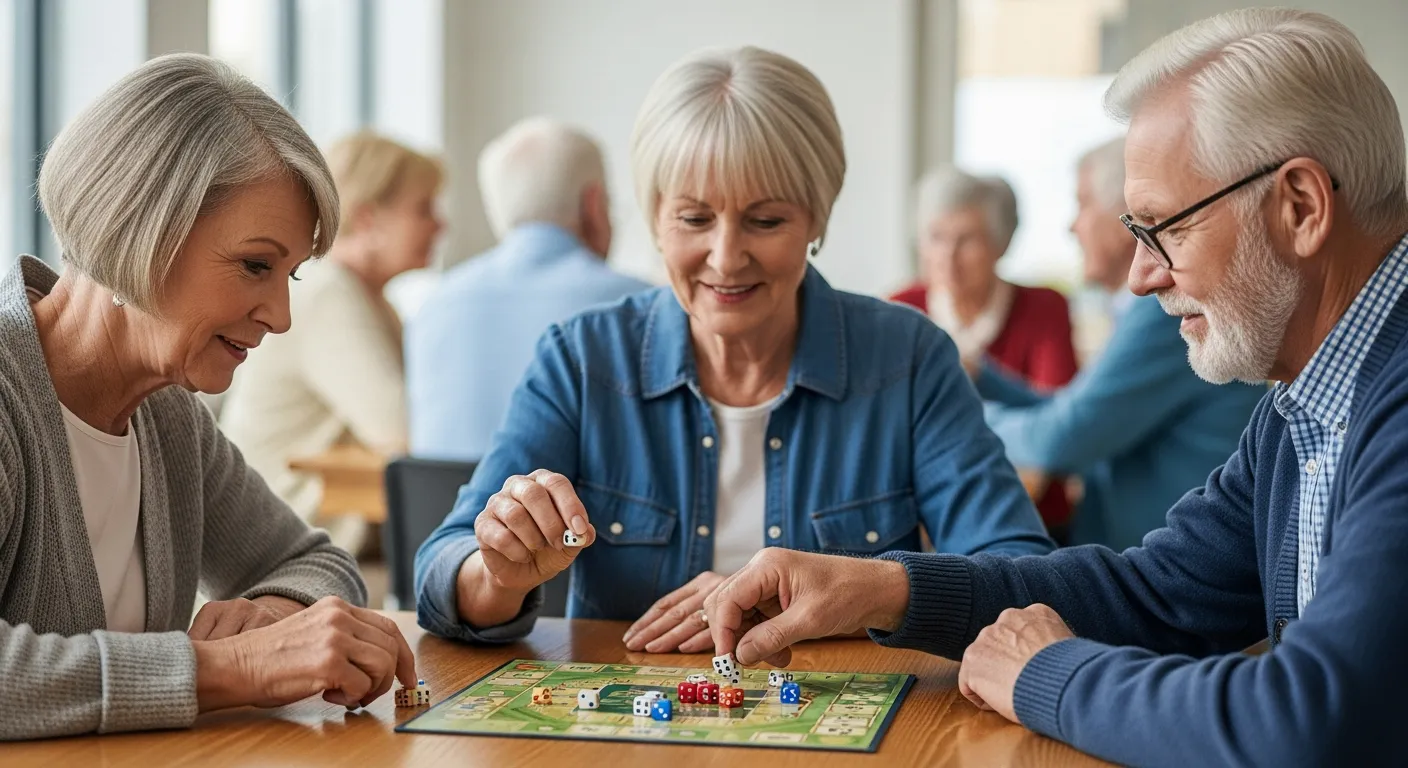 Três idosos jogam um jogo de tabuleiro em um centro comunitário.