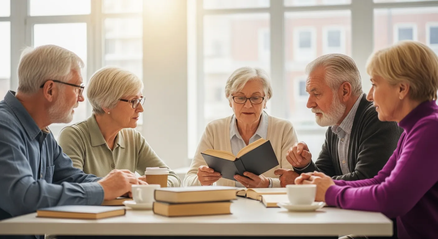 Un grupo de adultos mayores conversan animadamente sobre un libro en un club de lectura.