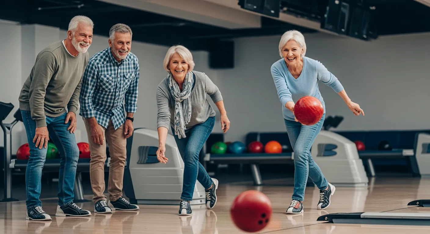 Un grupo de adultos mayores, dos hombres y dos mujeres, jugando bolos en una bolera moderna.