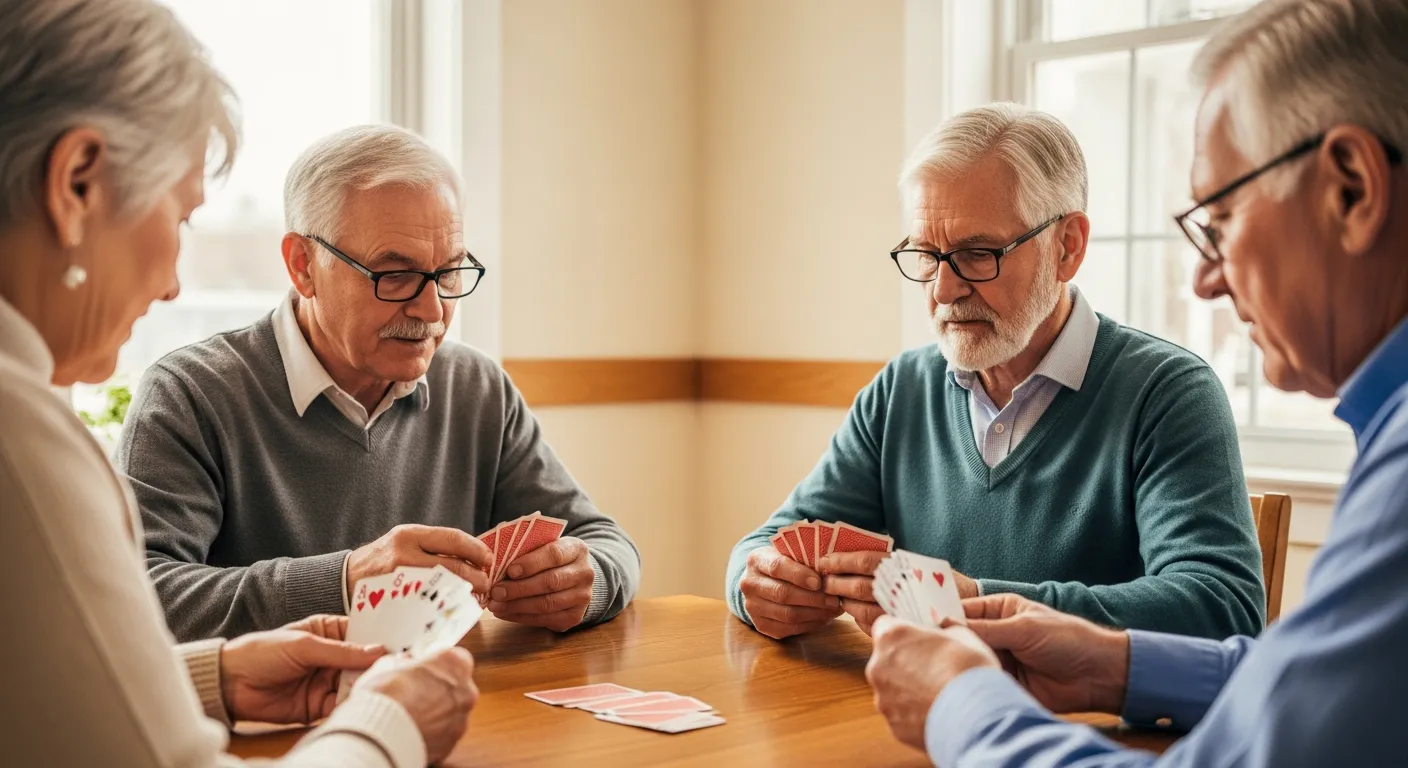 Um grupo de idosos jogando cartas em um centro comunitário.