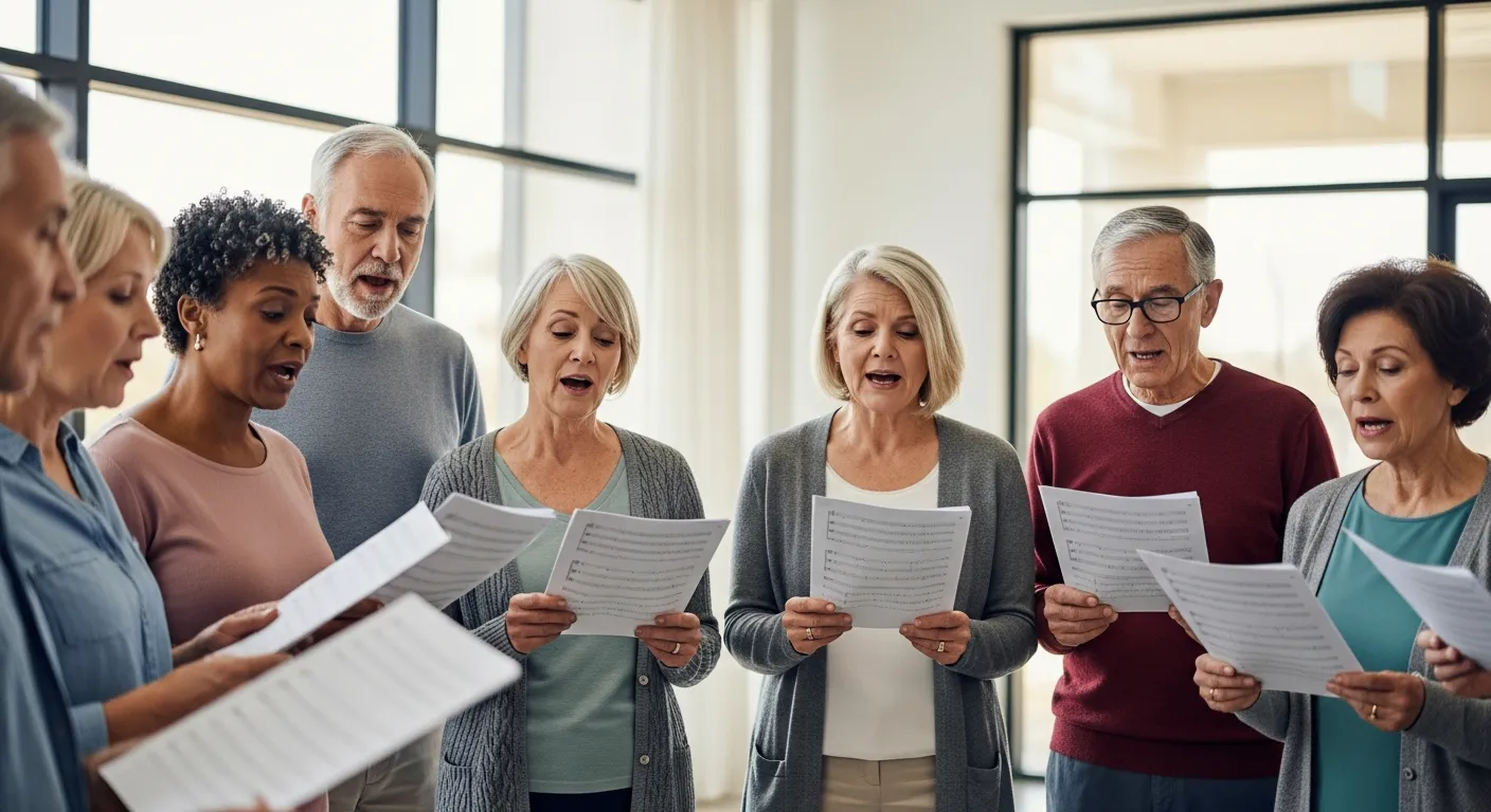 Un groupe de personnes âgées chantent ensemble dans une chorale.