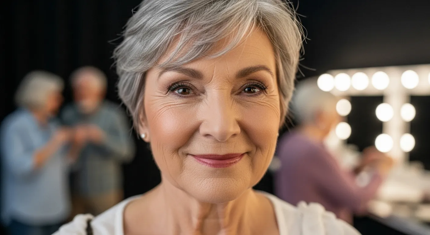 Uma mulher idosa sorri nos bastidores de um teatro comunitário.