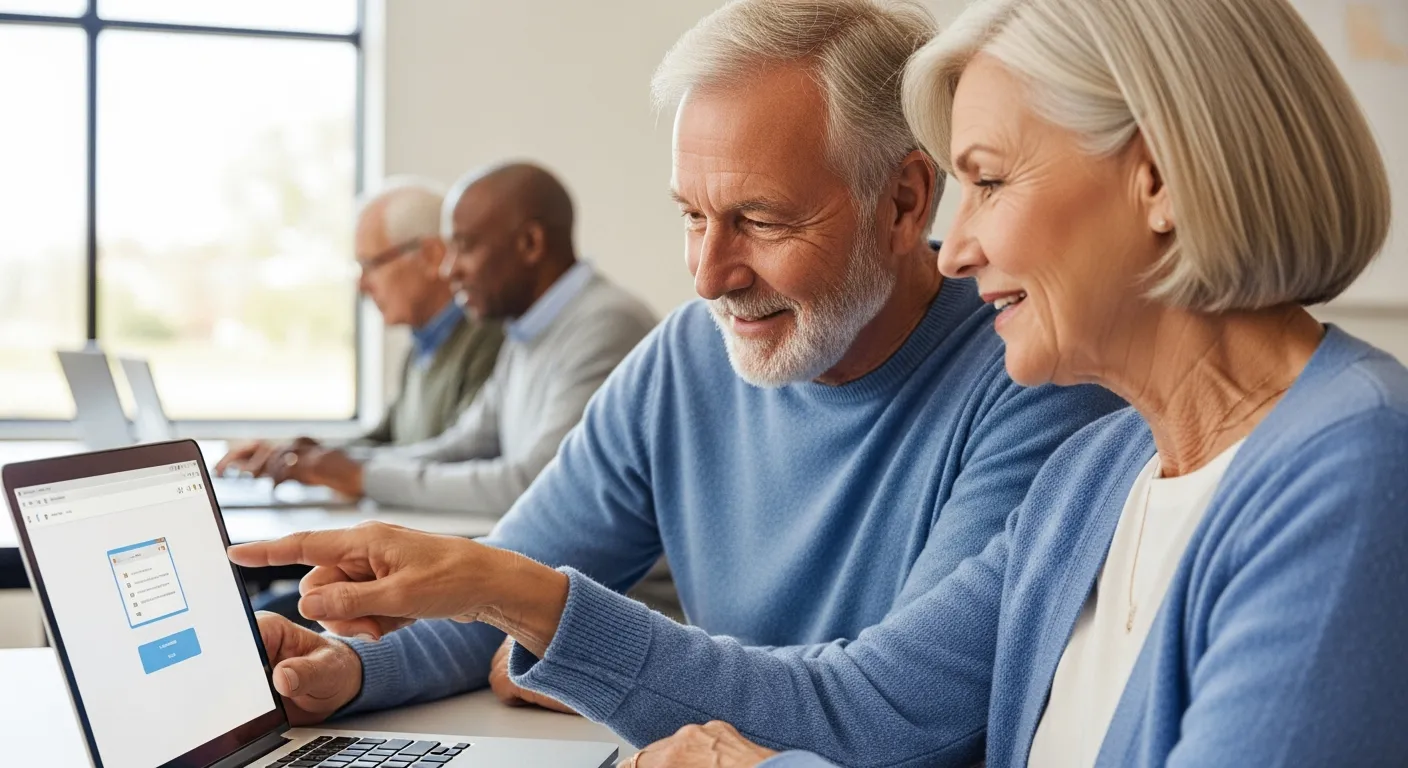 Dos adultos mayores, un hombre y una mujer, aprenden a usar una computadora portátil en una clase para adultos mayores.