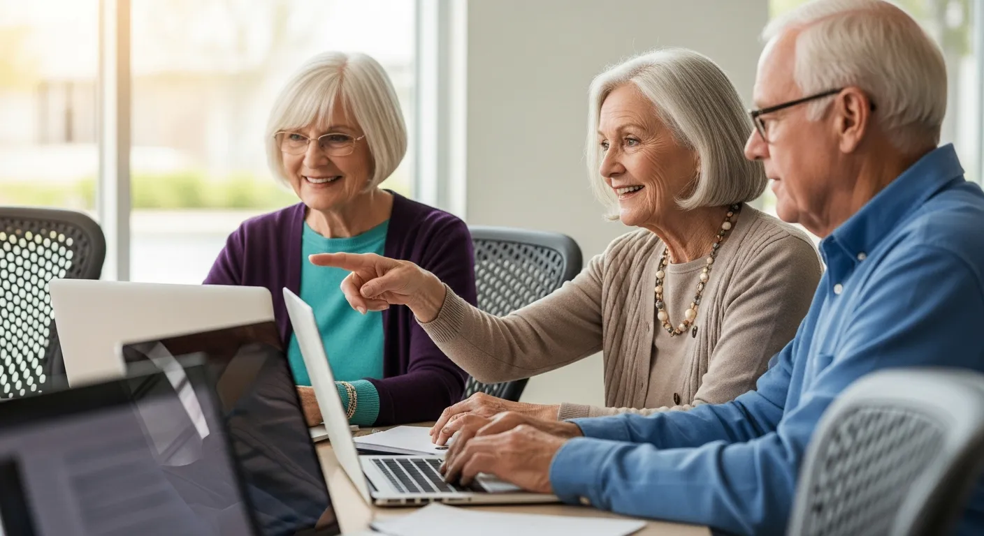 Tres personas mayores aprenden a usar computadoras en un club de informática.