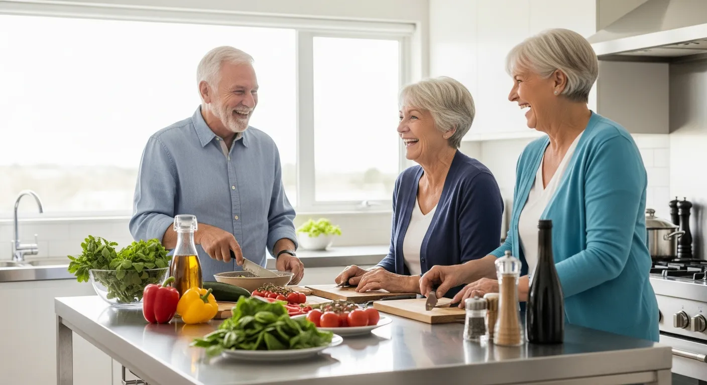 Tres adultos mayores cocinan juntos en una clase de cocina.