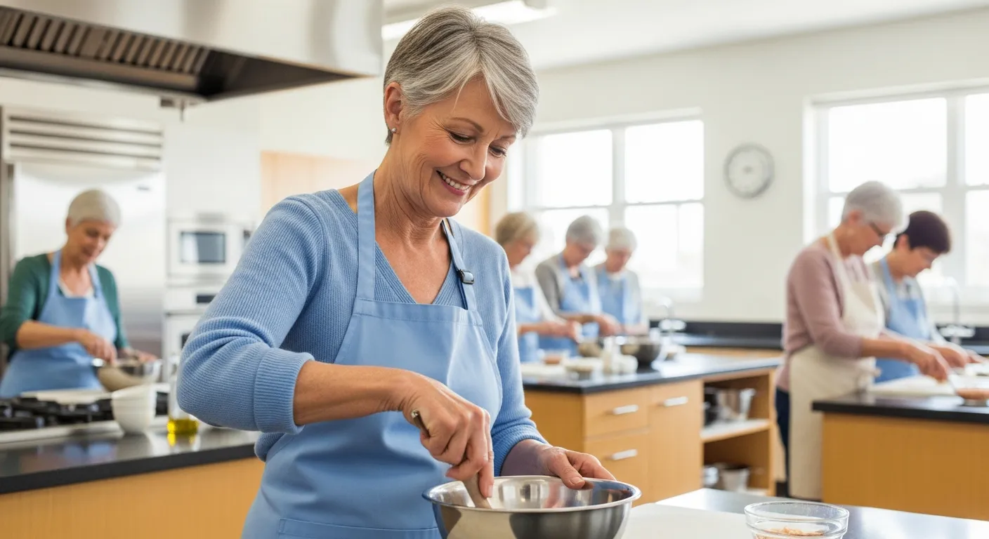 Uma mulher idosa sorri enquanto cozinha numa aula para seniores.