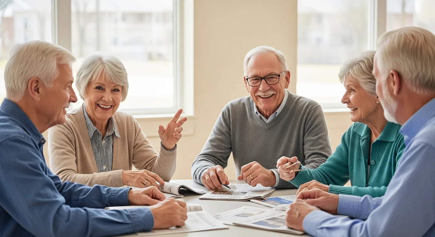 Adultos mayores participando en un grupo de discusión sobre eventos actuales.