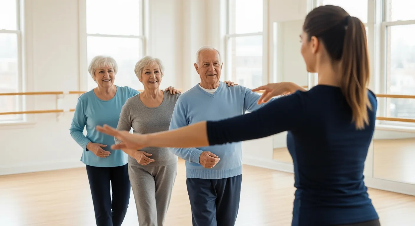 Tres adultos mayores, dos mujeres y un hombre, participan en una clase de baile en un estudio luminoso.