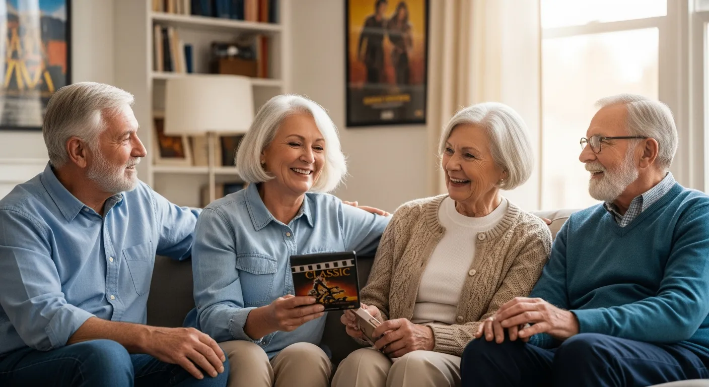 Quatro idosos reunidos numa sala de estar discutem um filme clássico.
