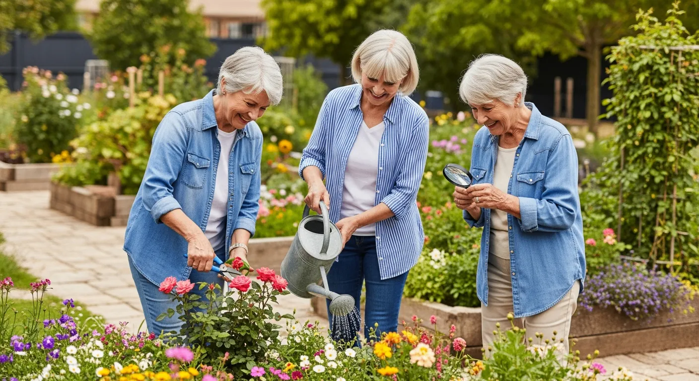 Tres mujeres mayores cuidan un jardín comunitario lleno de flores.