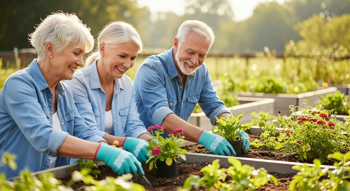 Tres personas mayores trabajan juntas en un huerto comunitario, plantando flores y verduras.