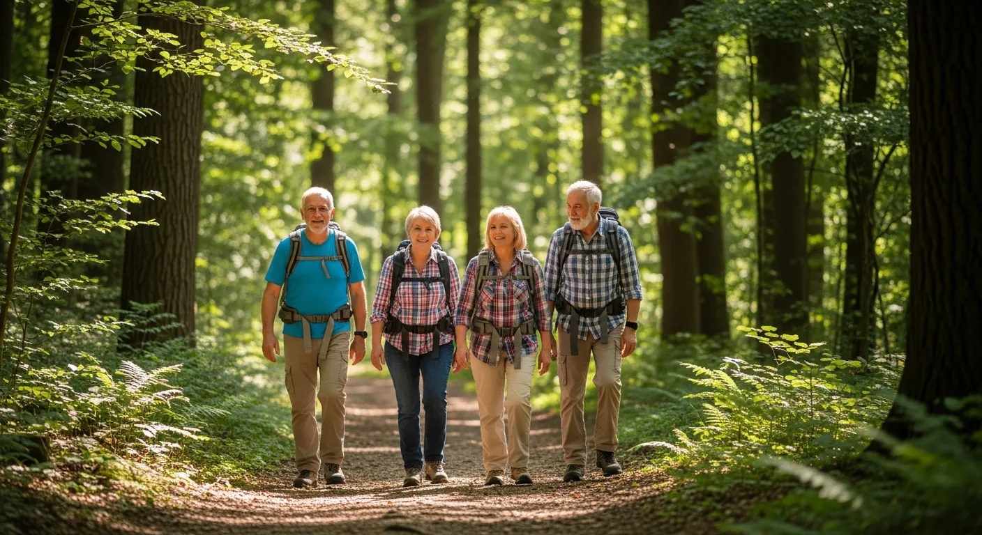 Un grupo de adultos mayores caminan por un sendero en el bosque.