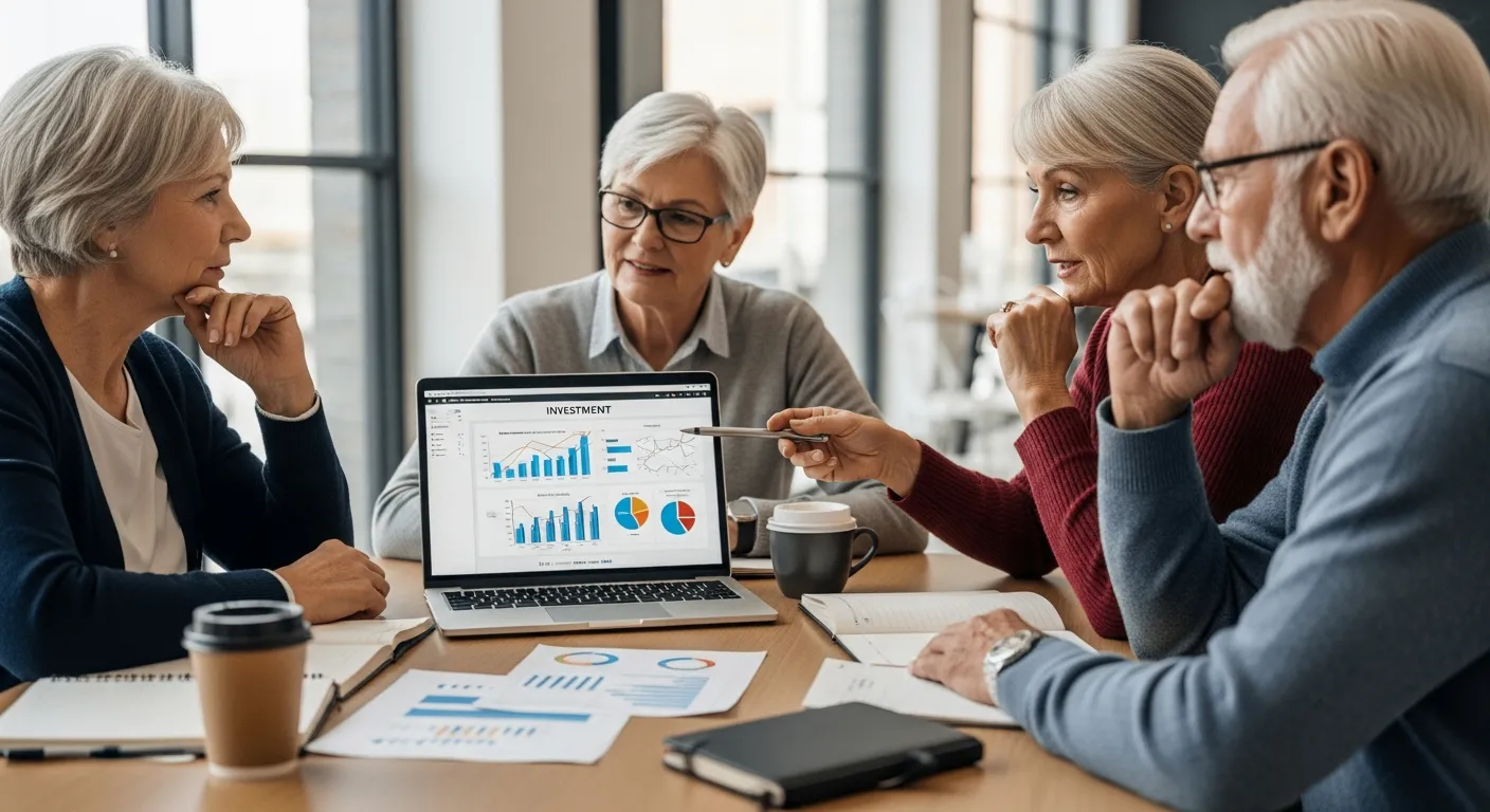 Tres adultos mayores reunidos alrededor de una mesa mirando gráficos de inversión en una computadora portátil.