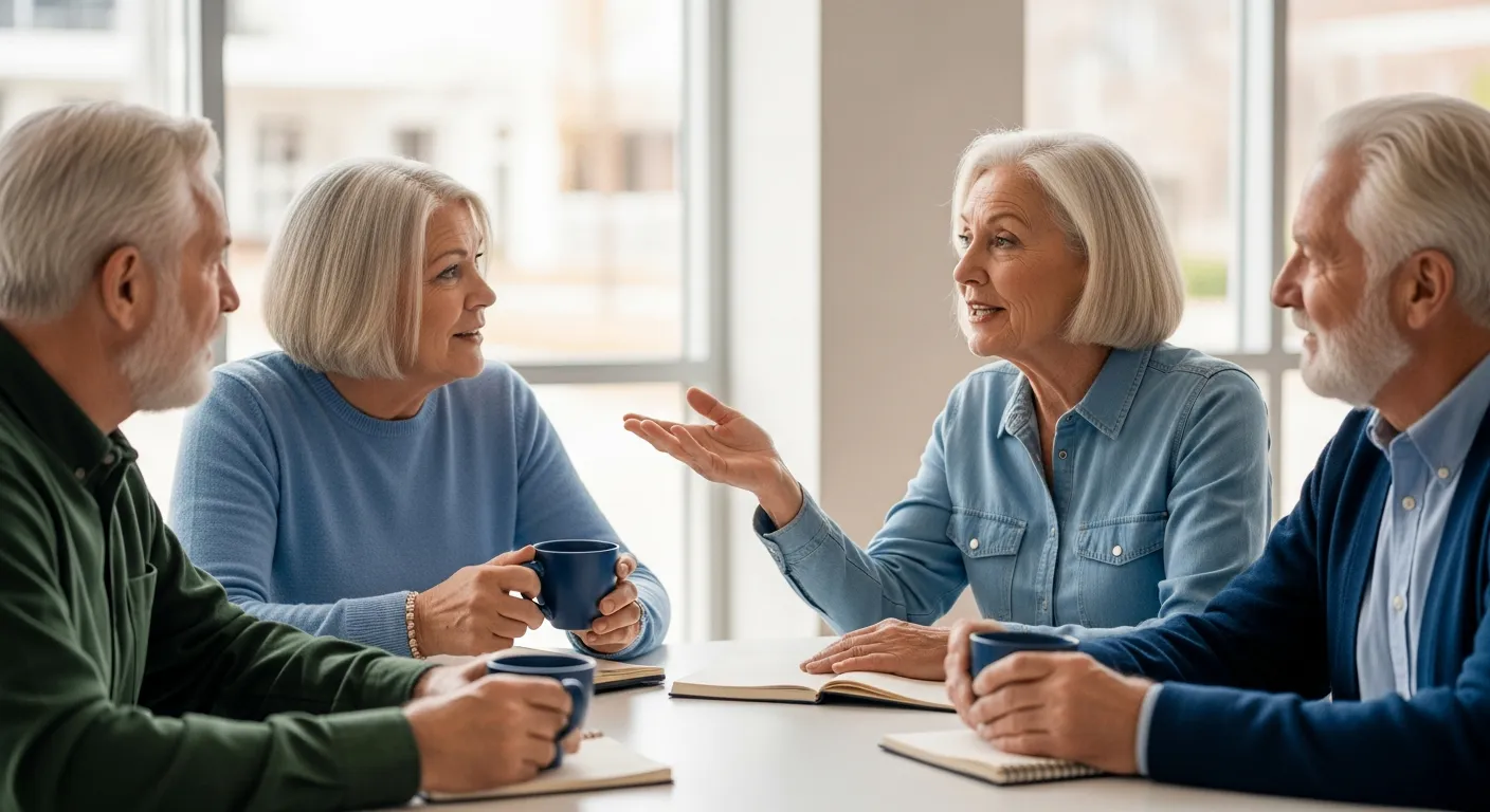 Un grupo de adultos mayores conversando animadamente en un centro comunitario.