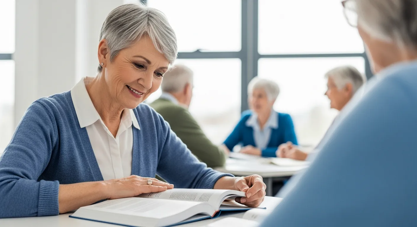Senior woman studying a language textbook in a classroom with other students.