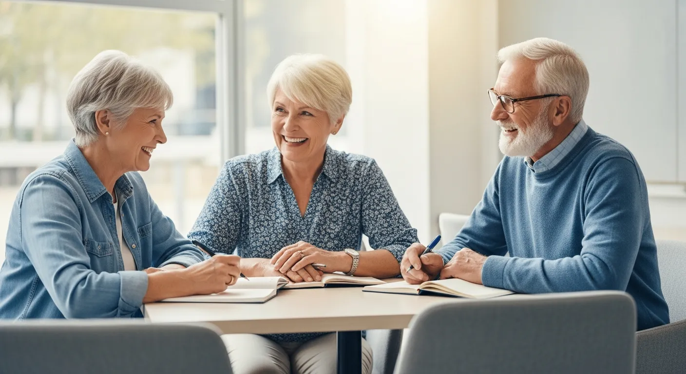 Tres adultos mayores participan en un grupo de aprendizaje en un centro comunitario.