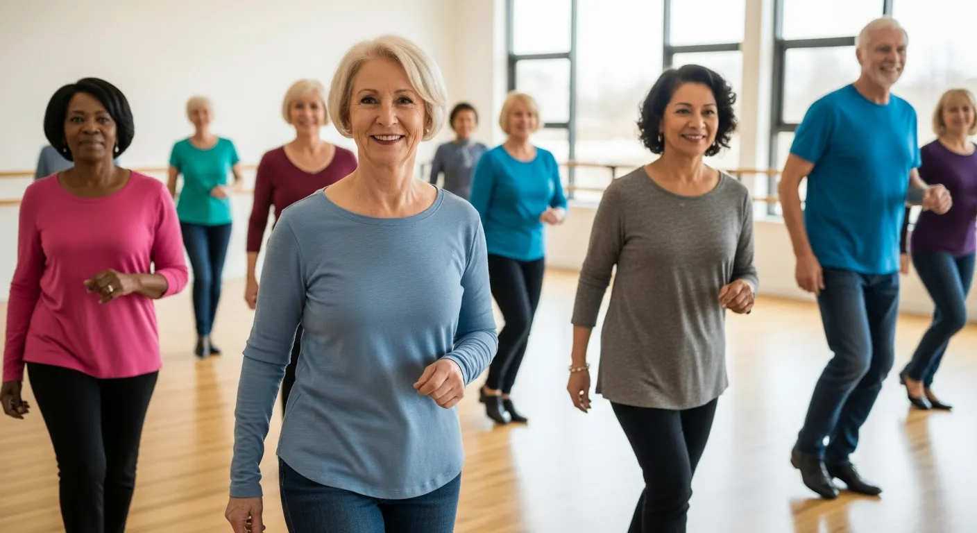Varios adultos mayores bailando en línea en un estudio de danza.