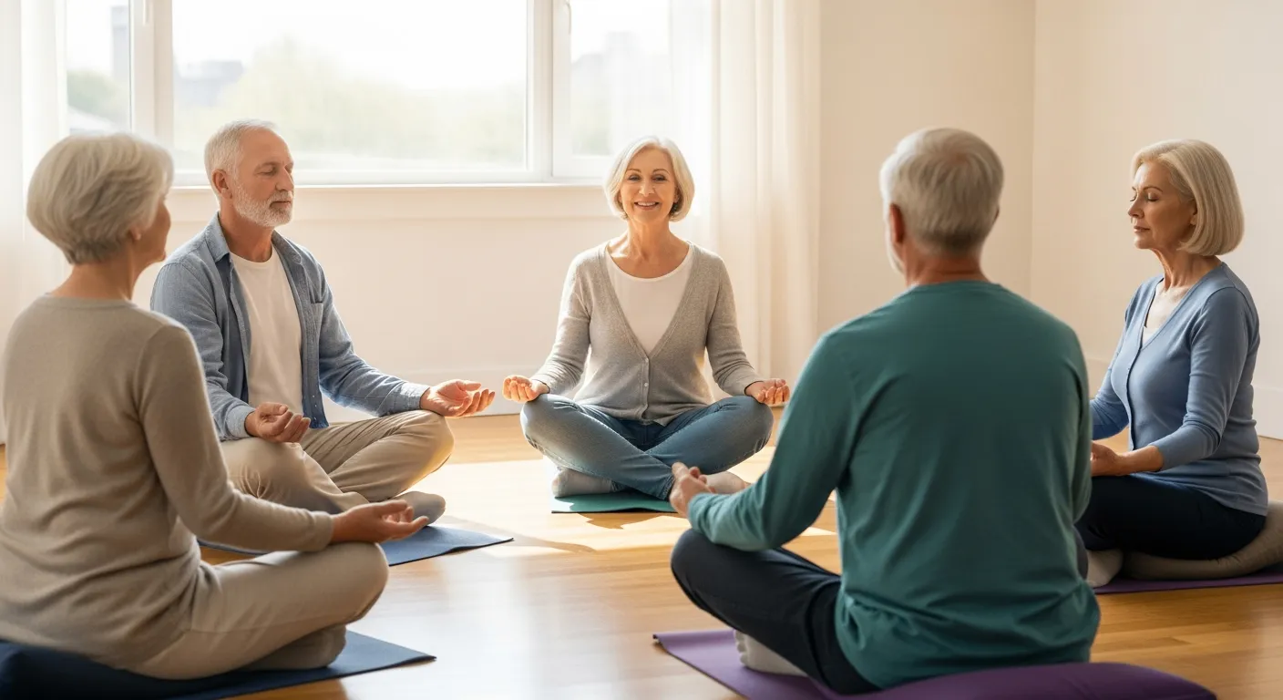 Una mujer mayor guía una sesión de meditación para un grupo de personas mayores sentadas en círculo.