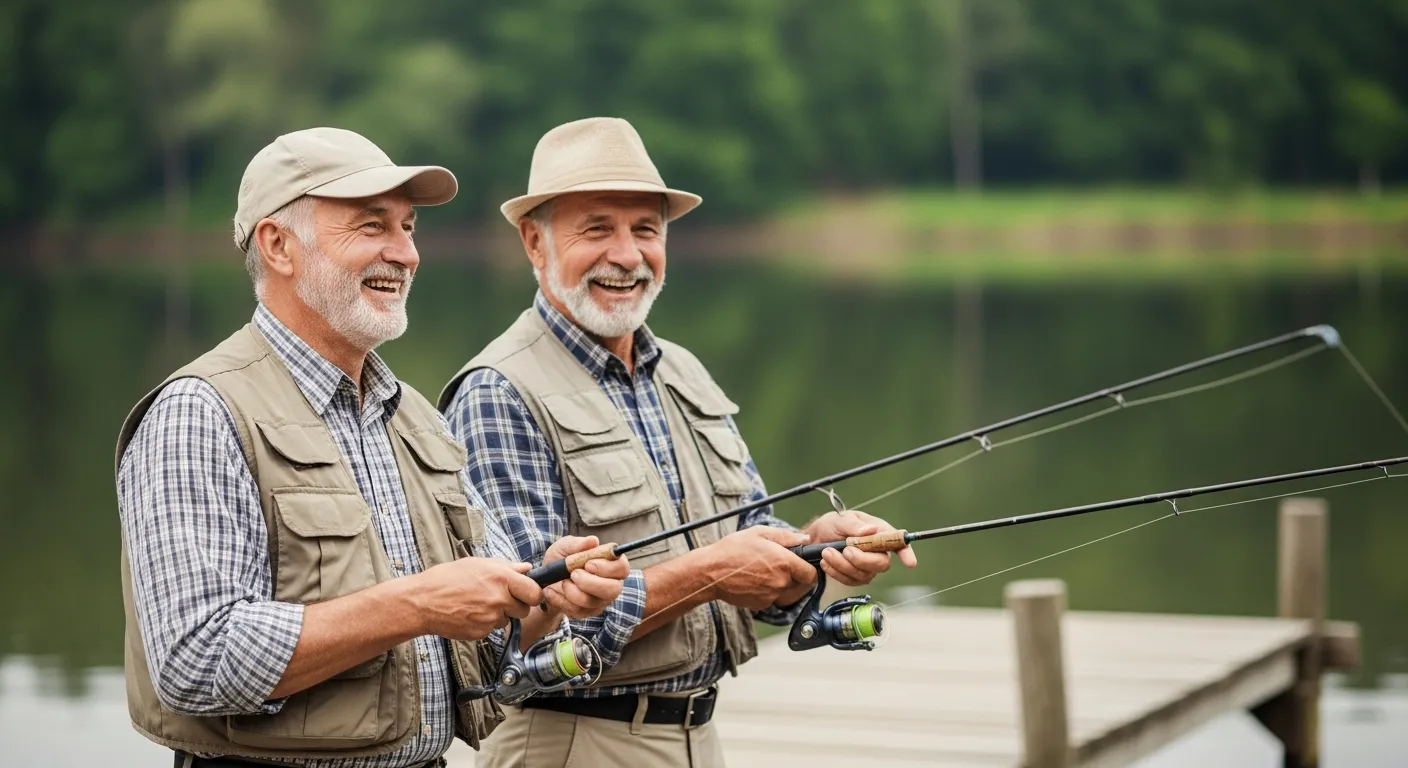 Dos hombres mayores pescando en un lago.