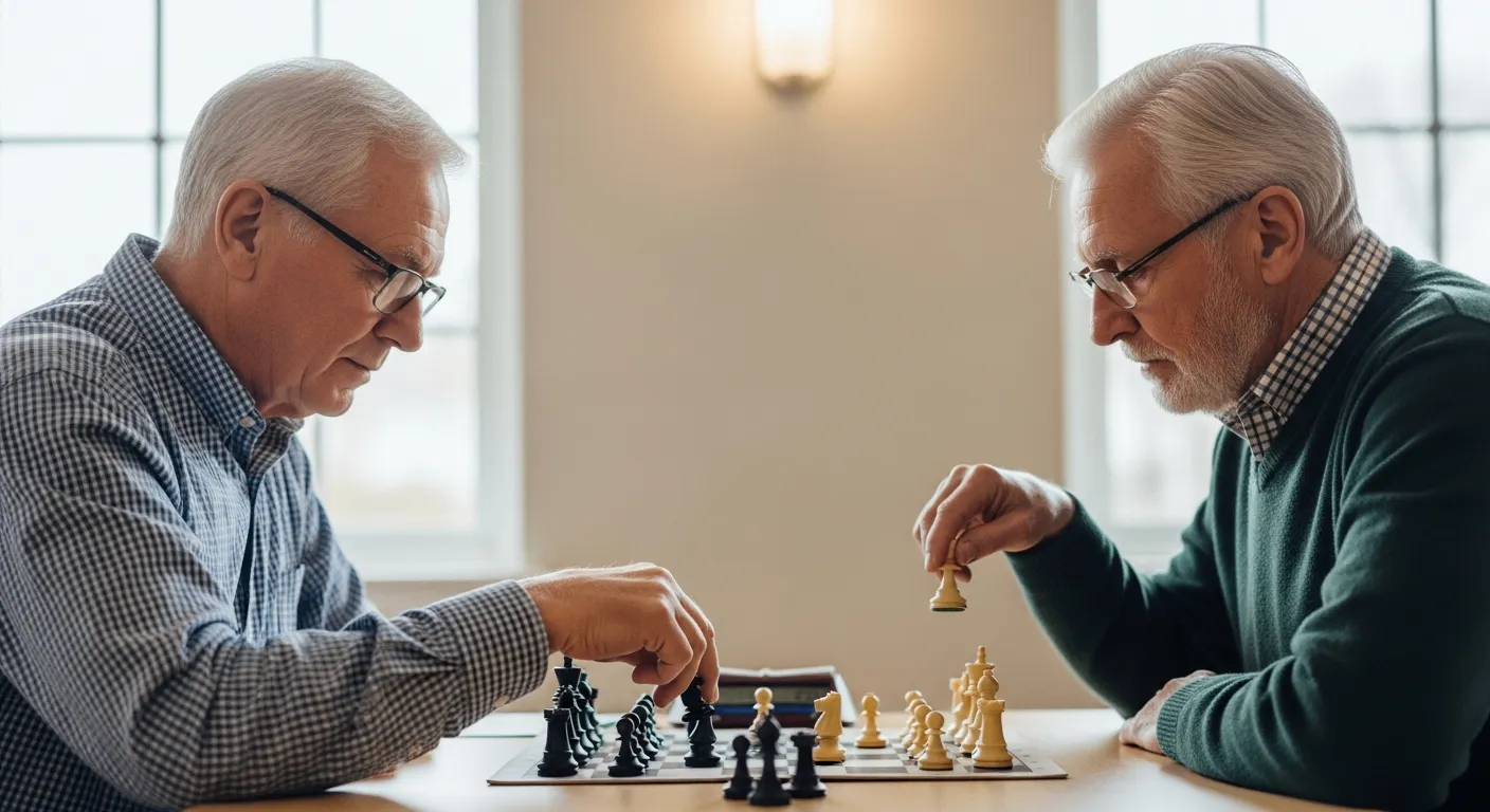 Dos hombres mayores jugando al ajedrez en un centro comunitario.