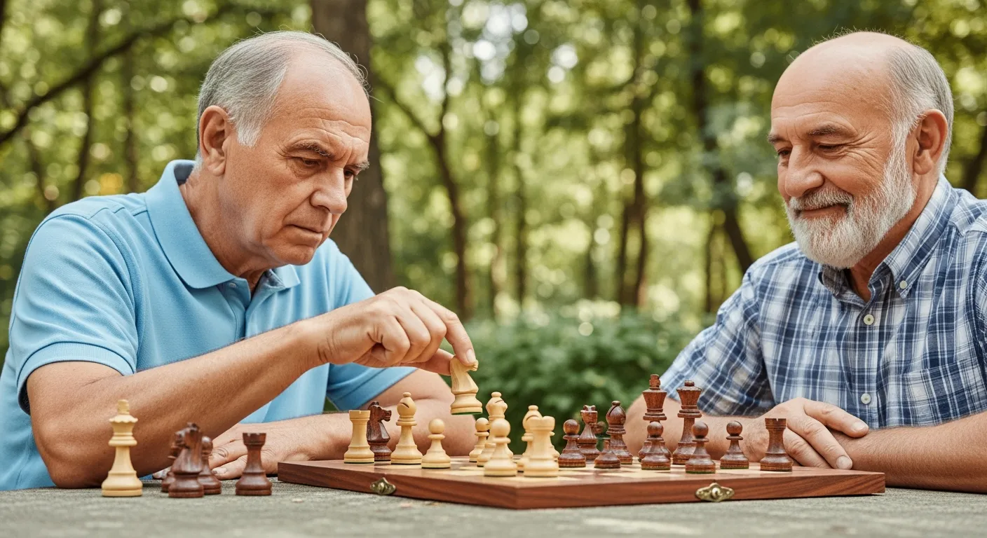 Dos hombres mayores jugando ajedrez en un parque.